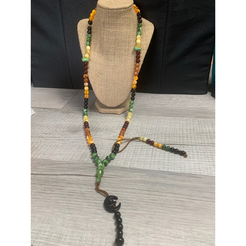 Multicolor Beaded Tasbih Prayer Necklace‎ Crescent Moon Star Charm 36 Inch 3143
